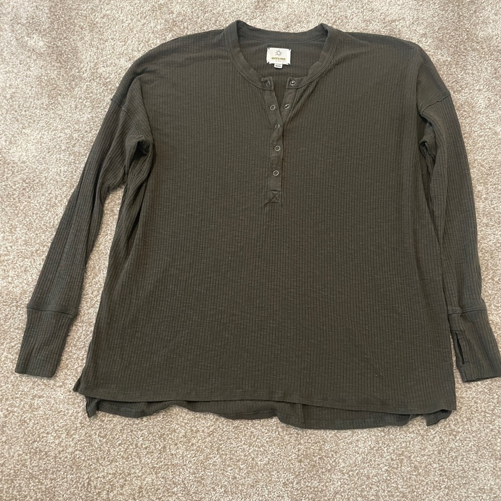 Aerie Oversized Henley Shirt, XS, Green